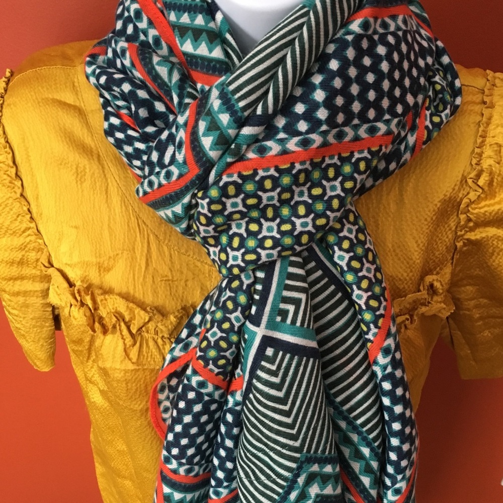 Banana Republic geometric scarf-navy, orange, teal